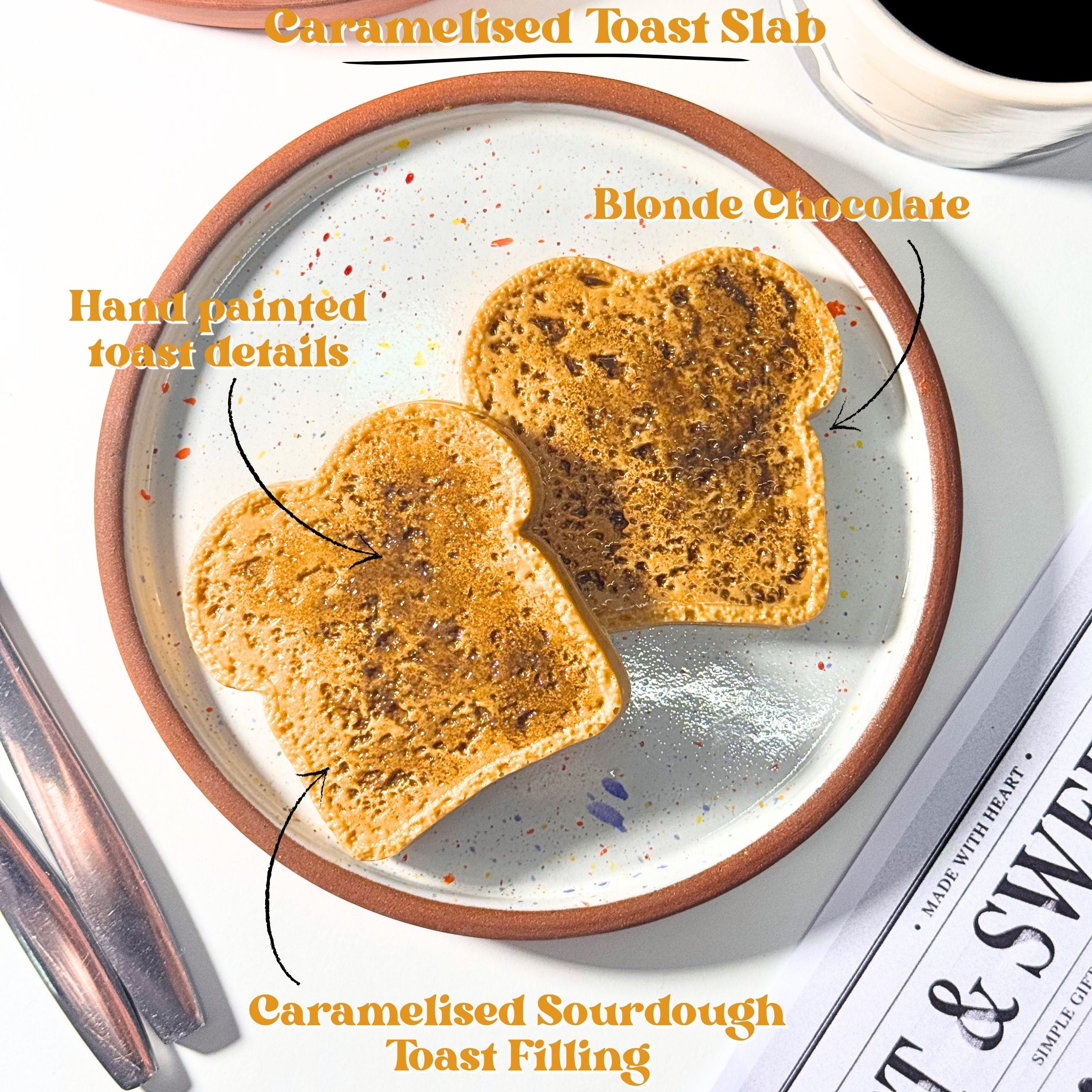 Ceramic plate with two pieces of toast and a cup of coffee on a newspaper background