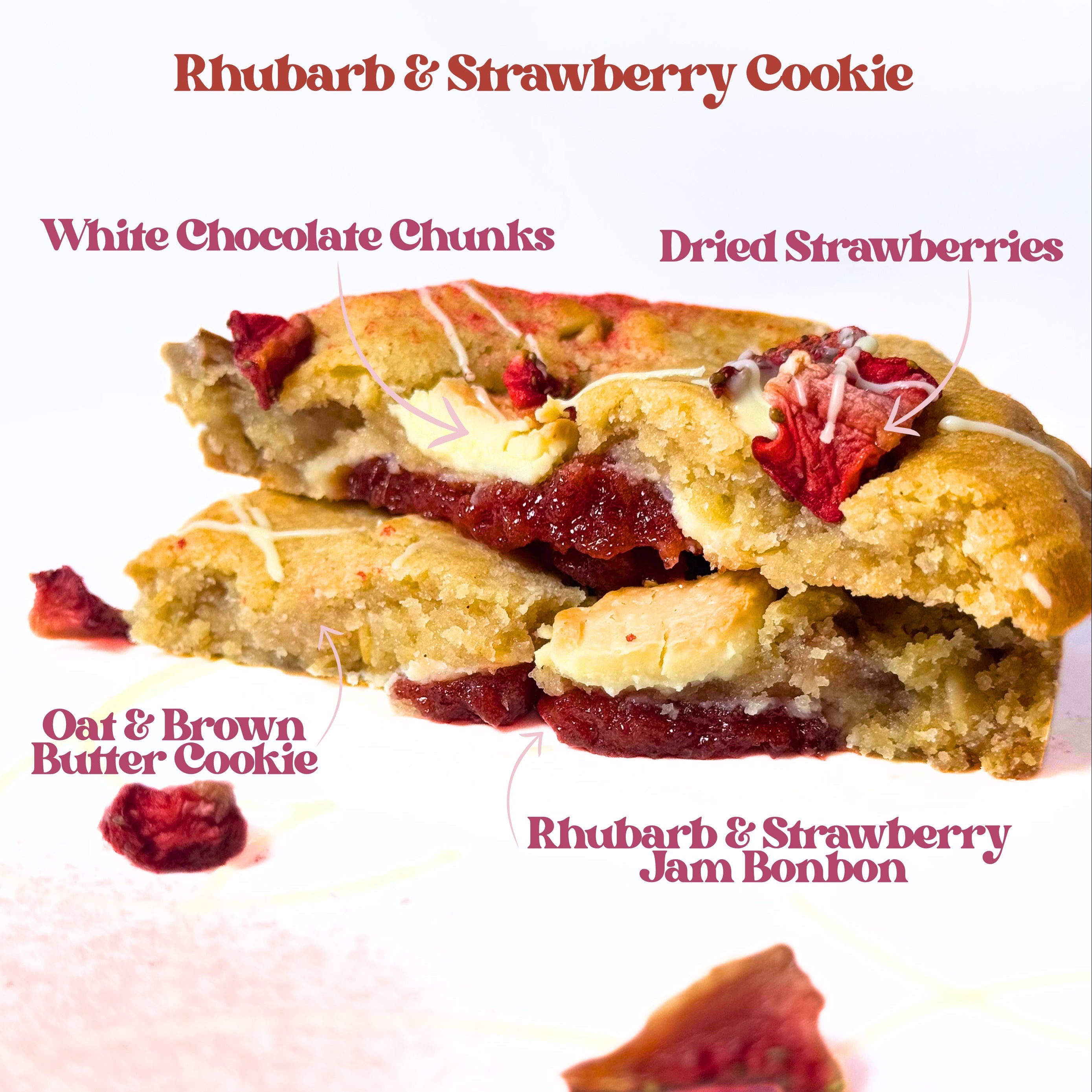 A close-up of a sliced rhubarb and strawberry cookie with visible white chocolate chunks, dried strawberries, and jam filling, set on a white background with pink text callouts naming ingredients and flavor notes.