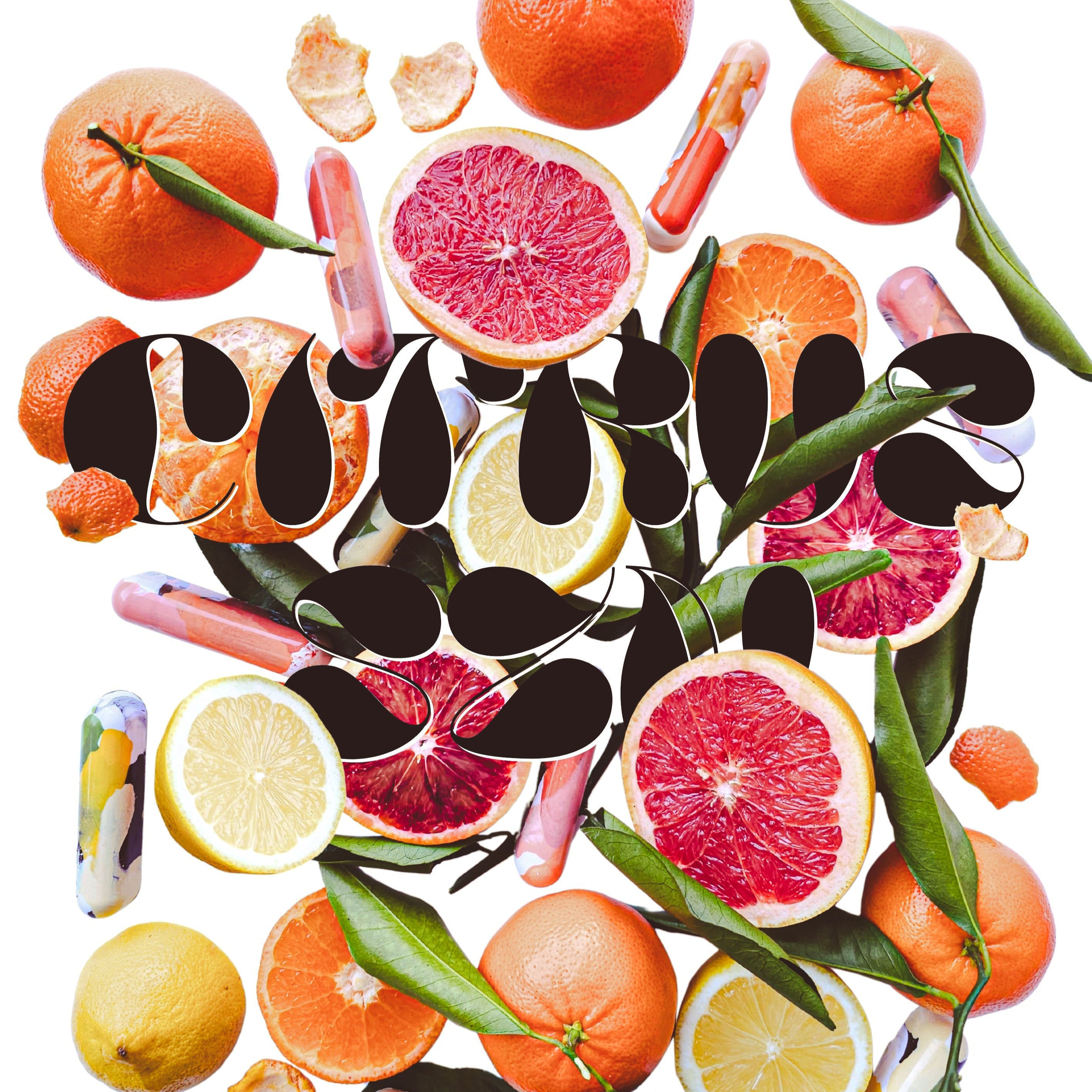 Collage of citrus fruits including oranges, lemons, and grapefruits with black abstract shapes.