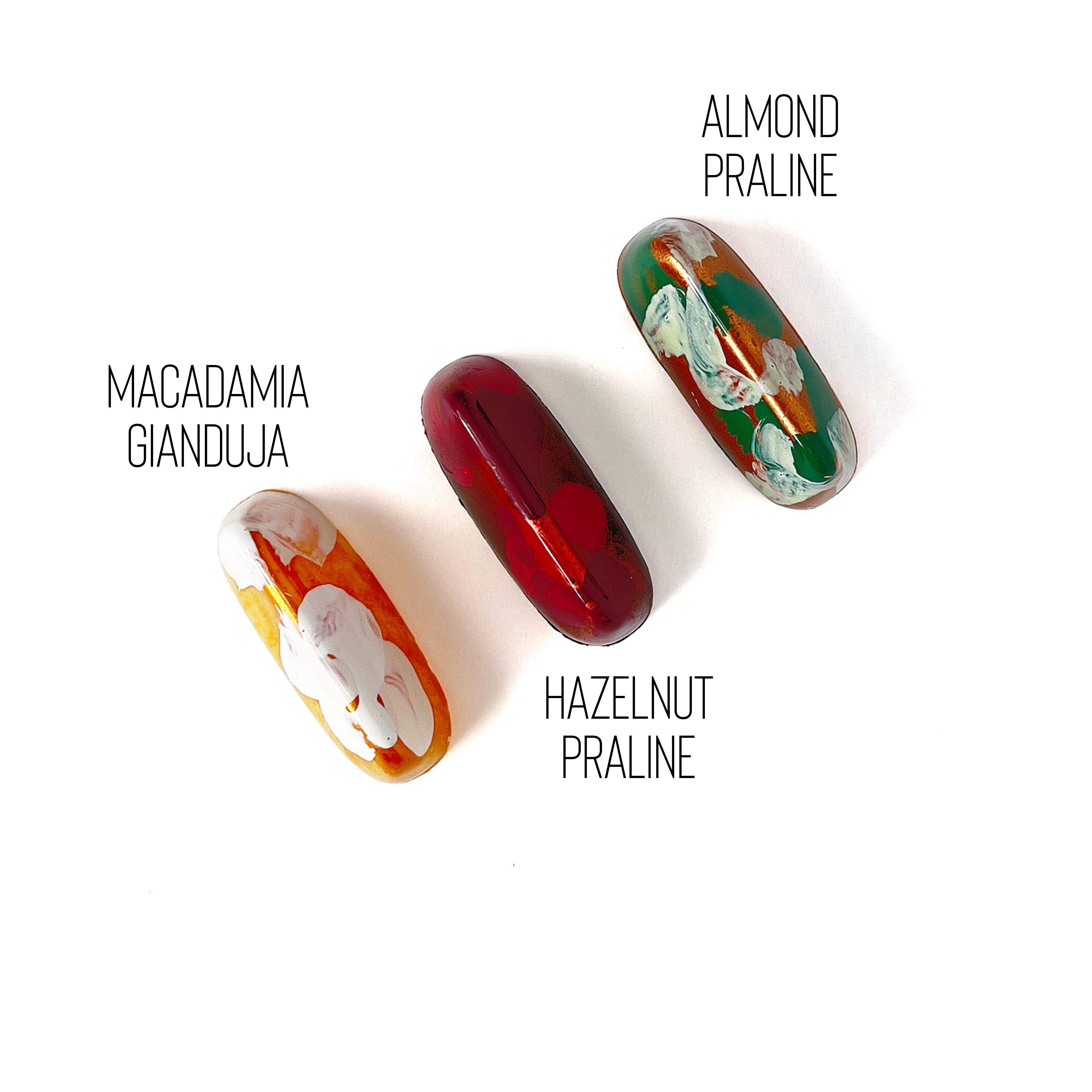 Three chocolate bonbons labeled 'Macadamia Gianduja', 'Almond Praline', and 'Hazelnut Praline' on a white background.