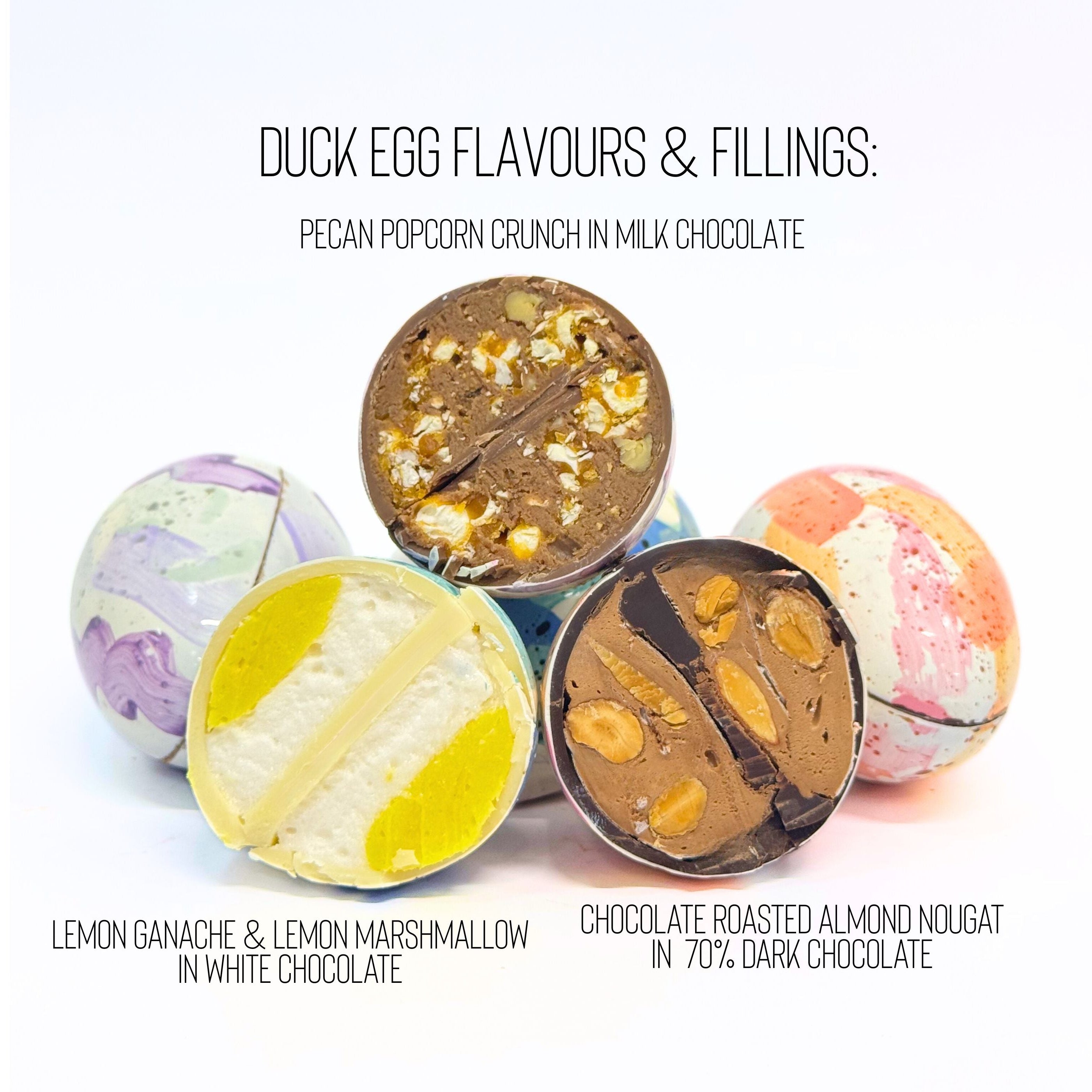 Duck egg chocolates with different flavors and fillings on a white background