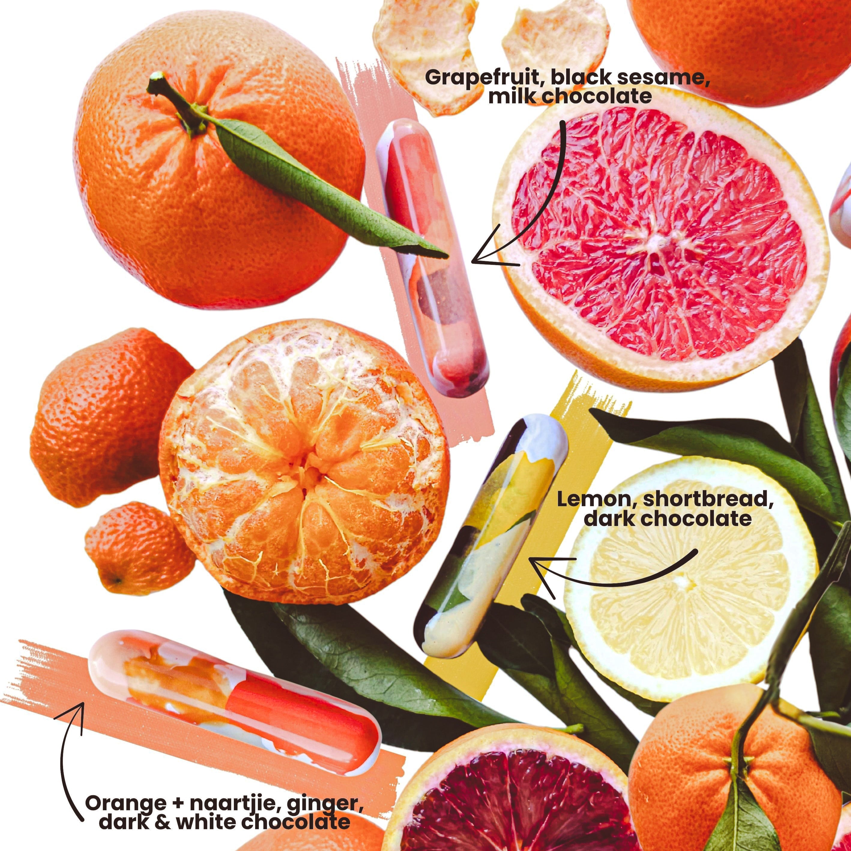 Fruits and chocolate bars with labels on a white background