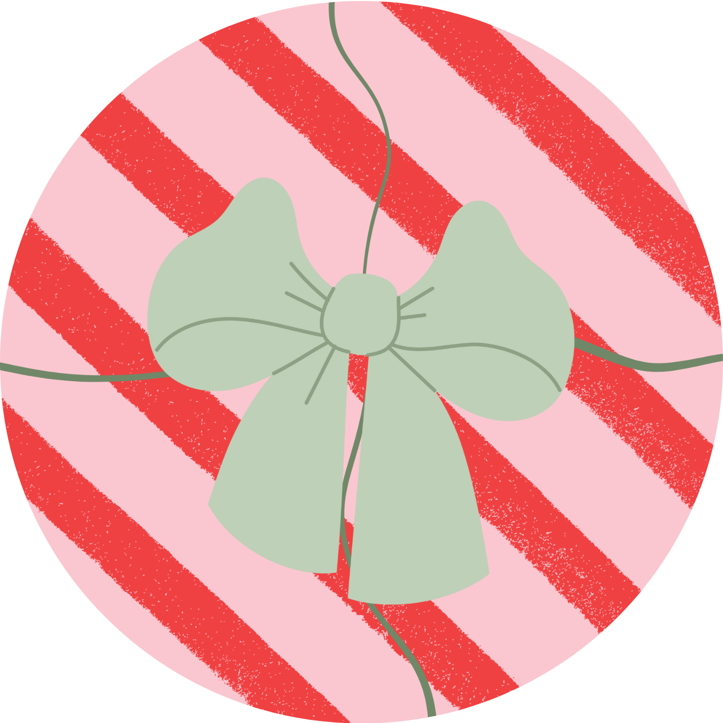 Circular design with a green bow on a red and pink striped background