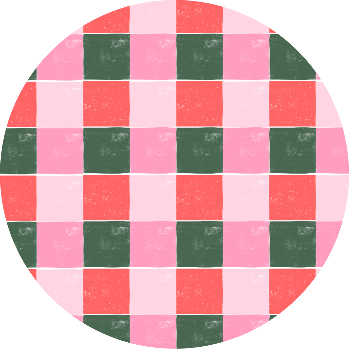 Round checkered gift tag with pink and green squares on a white background